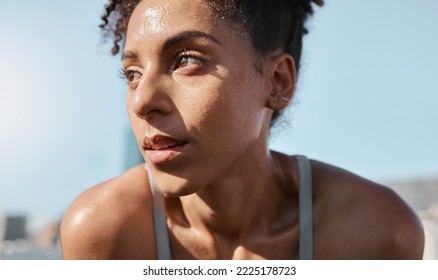 Face, sweat and fitness with a sports black woman tired after a cardio workout for fitness in the city. Running, exhausted and sweating with a female athlete or runner resting after exercise in town - Powered by Shutterstock