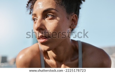 Face, sweat and fitness with a sports black woman tired after a cardio workout for fitness in the city. Running, exhausted and sweating with a female athlete or runner resting after exercise in town