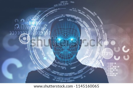 Face of an unrecognizable man with polygons on it. HUD against a blurred background. Toned image double exposure Elements of this image furnished by NASA
