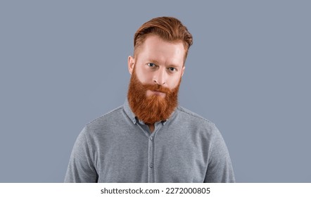 face of unshaven man with long beard isolated on grey background. studio shot of unshaven man. - Shutterstock ID 2272000805