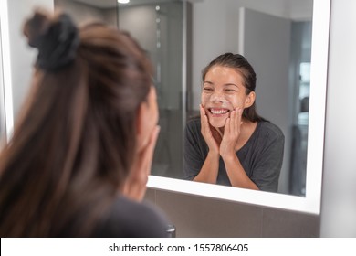 Face Wash Young Asian Woman Washing Using Facial Scrub Exfoliating Skin Cleansing Of Dead Cells And Oil For Black Pores Clear Skincare Treatment.