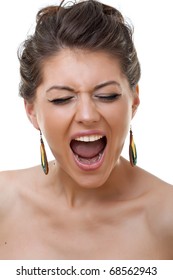 Face Of A Young Crying Woman. Close Up Picture Over White