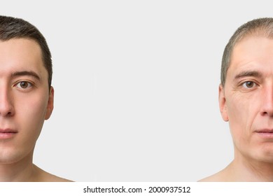 The Face Of A Young And Elderly Man, The Concept Of Old Age And Fading Skin, Wrinkles On The Face Of Men. Compare Before After On A White Background Copy Space