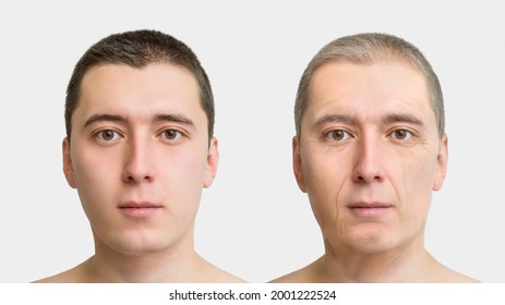 The Face Of A Young And Elderly Man, The Concept Of Old Age And Fading Skin, Wrinkles On The Face Of Men. Comparison Before After