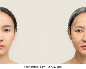 the face of a young and old Asian woman, the concept of old age and aging of the skin, wrinkles on the face of a woman