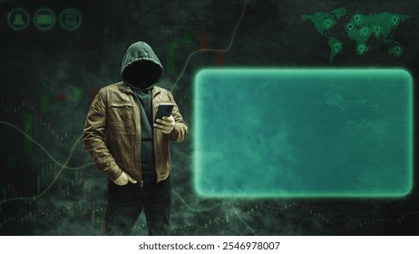 Faceless, anonymous hacker in a hoodie and leather jacket standing with a smartphone against a dark background featuring a forex or trading chart. Empty space for text, copy space. - Powered by Shutterstock