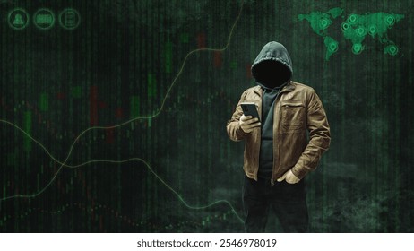 Faceless, anonymous hacker in a hoodie and leather jacket standing with a smartphone against a dark background featuring a forex or trading chart. Empty space for text, copy space. - Powered by Shutterstock