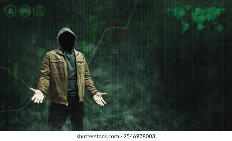 Faceless, anonymous man in a hoodie and leather jacket, shrugging his shoulders, standing against a dark background featuring a forex or trading chart. Empty space for text, copy space. - Powered by Shutterstock