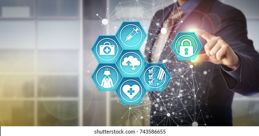 Faceless Businessman Plugging Virtual Padlock Into Health Care IT Interface. Technology Concept For Healthcare Data Exchange And Health Information Management Via Computerized Systems And Networks.