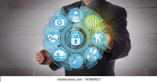 Faceless data analyst activating an analytics icon in a health care monitoring interface. Concept for actionable insight, reporting requirements, compliance and improvement in healthcare sector.