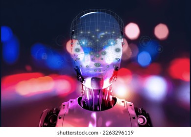 a faceless guy robot. For your design, a futuristic background with virtual HUD icons. Head of a cyborg monster with artificially cheerful mood. Detailed portrait