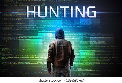 Gesichtsloser Hacker mit HUNTING-Inschrift auf Binär-Code-Hintergrund
