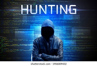 Gesichtsloser Hacker mit HUNTING-Inschrift auf Binär-Code-Hintergrund