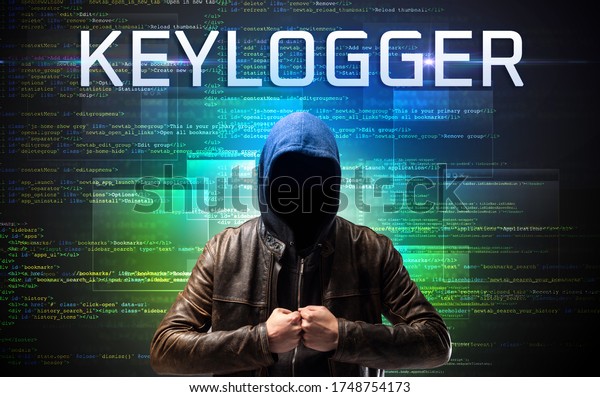 Faceless hacker with KEYLOGGER inscription on a binary code background