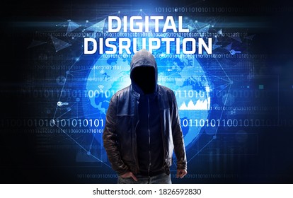 Faceless hacker at work with DIGITAL DISRUPTION inscription, Computer security concept