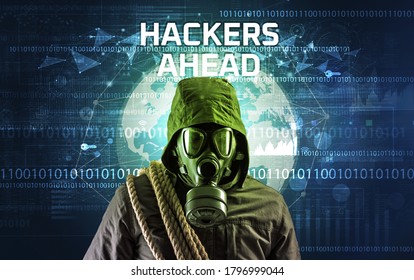 Faceless hacker at work with HACKERS AHEAD inscription, Computer security concept