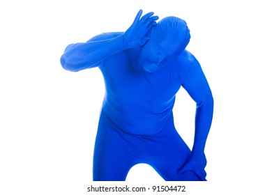 Faceless Man In A Blue Body Suit Trying To Hear