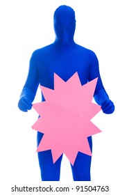 A Faceless Man In A Blue Body Suit Holding A Blank Pink Sign.