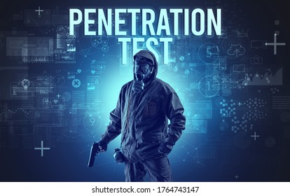 Faceless man with PENETRATION TEST inscription, online security concept