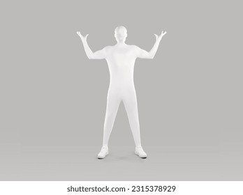 Faceless man in white body suit standing with raised hands. Full length portrait of mysterious person wearing full body spandex monochromatic costume posing with arms open wide on isolated background - Powered by Shutterstock