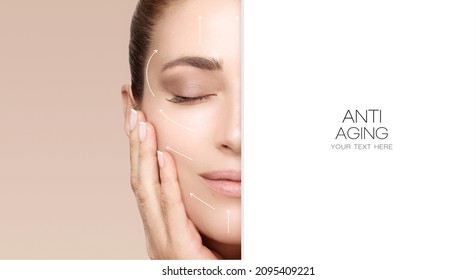 Facelift and Anti Aging Concept. Beauty Face Spa Woman with Lifting Arrows. Half face cropped with white copy space to the side. Beauty portrait isolated on beige background.