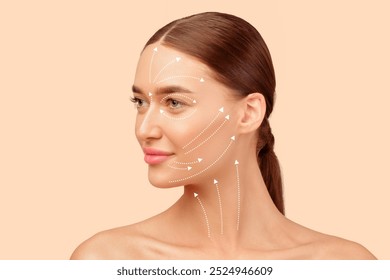 Facelift Routine. Portrait Of Young European Lady With Lifting Arrows Lines On Face Over Beige Studio Background, Looking Aside. Effortless Facial Skincare And Anti Aging Renewal Treatment Concept