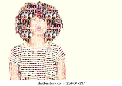 Faces of fun. Composite image of a diverse group of people superimposed on a woman's face.