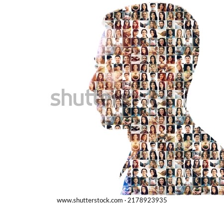 Faces of mankind. Composite image of a diverse group of people superimposed on a man's profile.