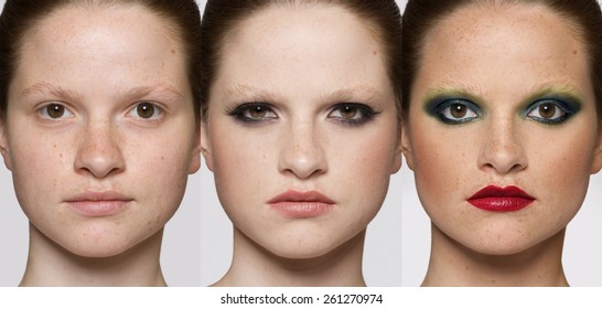 Faces Of The Same Woman With Fashion Makeup. Makeover Concept.