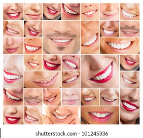 Faces Of Smiling People In Set. Healthy Teeth. Smile