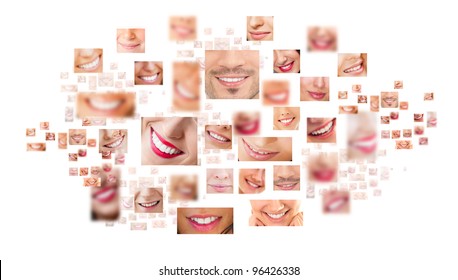 Faces Of Smiling People In Set. Healthy Teeth. Smile