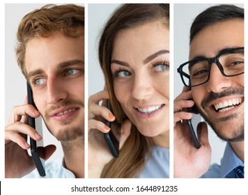 Faces Of Smiling People Talking On Phones. Multiscreen Montage, Split Screen Collage. Technology, Call Center Concept