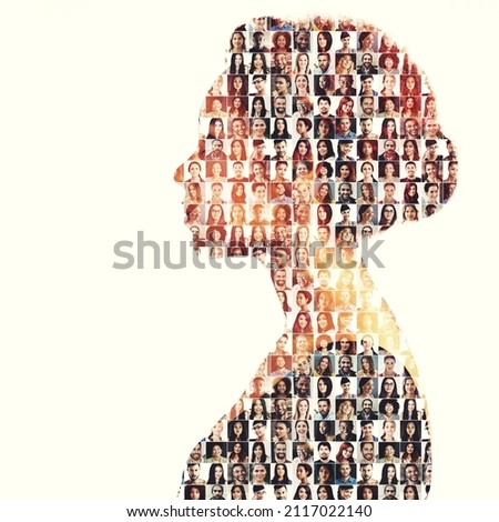Faces from within. Composite image of a diverse group of people superimposed on a woman's profile.