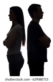 Faces Women And Men Look In Different Directions, Brother And Sister - Vertical Silhouette