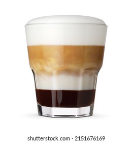 Faceted glass of layered coffee mocha isolated on white background with clipping path.