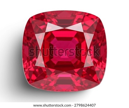 Faceted red ruby gemstone with custom emerald cut on white background