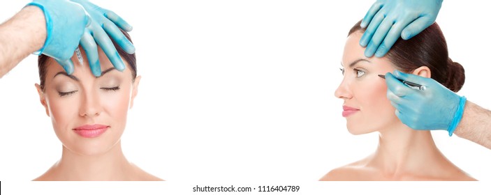 Facial Cosmetic Plastic Surgery Concept. Doctor Surgeon Hand In Glove Draw Wrinkle Lines On Woman  And Injecting Filler In Forehead Face Eye Isolated White Background. Sculpting Reshaping Surgery