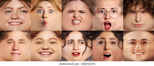 Facial expression   funny meme emotions  Set closeup faces different young people expressing emotions  Cartoon style  Happy  angry  sad  annoyed  excited men   women 