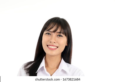 Facial Expression Young Asian Woman Office Attire White Background Smile Teeth