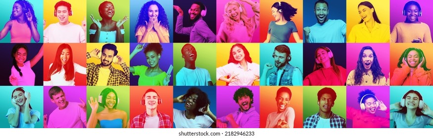 Facial expressions and emotions of people. Glad bright young different people in headphones dance, listen music, sing, have fun and enjoy free time on colorful background, studio, panorama, collage - Shutterstock ID 2182946233
