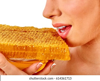 Facial honey mask for woman lips. Honeycombs natural homemade organic threatment. Skincare by face and health concept on isolated.