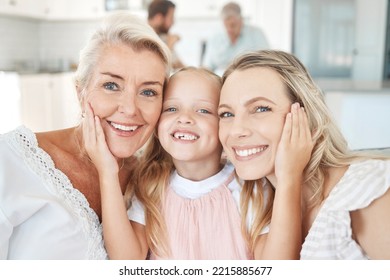 Facial Portrait Of Child, Grandmother And Mother Bonding In Kitchen For Family Happiness And Love At Home In Summer. Happy Mom, Young Girl Kid And Elderly Woman With Smile On Face And Bond Together