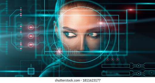 Facial recognition concept. Computer system scanning face of beautiful female, creative collage in futuristic design, panorama