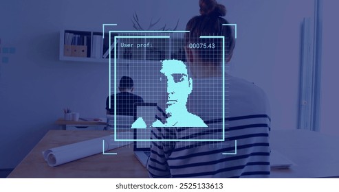 Facial recognition image over people working in modern office. Technology, AI, artificial intelligence, workplace, business, innovation - Powered by Shutterstock