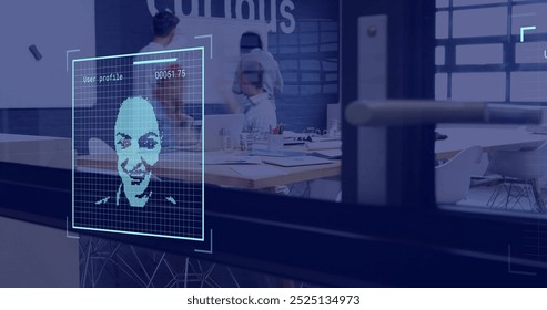 Facial recognition image over people working in modern office environment. Technology, innovation, artificial intelligence, automation, digital, security - Powered by Shutterstock