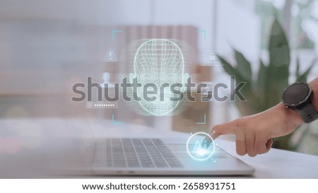 Facial recognition interface scanning on laptop with AI and security icons. Concept of deepfake detection, identity verification, biometrics, cybersecurity, and artificial intelligence.