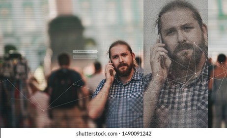 Facial Recognition And Search And Surveillance Of A Person In The Modern Digital Age, The Concept. Man With Phone In Crowd Of People On The Street, Identification And Modern Technology