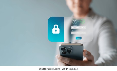 facial recognition security login, businessperson using smartphone with virtual password interface and face scan icon, biometric authentication, data security modern digital identity protection.