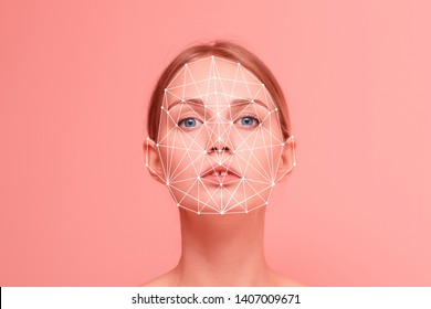 Facial Recognition Security System. Face Augment Mobile Phone Technology Concept. Woman Portrait Looking To Camera With Grid On Her Face.