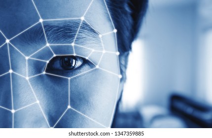Facial Recognition, Security System Technology. Close-up a man face with futuristic scanning technology on human face